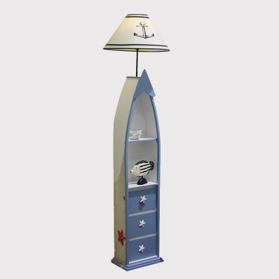 Canoe Cabinet Bedside Standing Light Wood 1-Bulb Simplicity Floor Lamp with Flared Fabric Shade in Blue