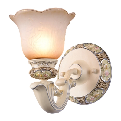 Champagne 1 Head Wall Lighting Countryside Pink Glass Scalloped Wall Sconce Light for Bedroom