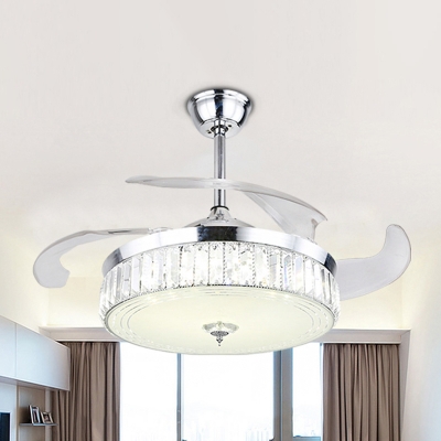 Chrome Round Fan Light Fixture Contemporary Faceted Crystal LED Semi Flush Mount with 3 Blades, 19