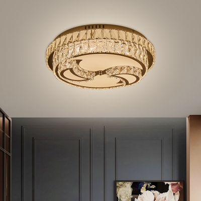 Chrome Round Flush Mount Modern Beveled Crystal Close to Ceiling Lighting with Moon/Leaf/Sun Design for Bedroom