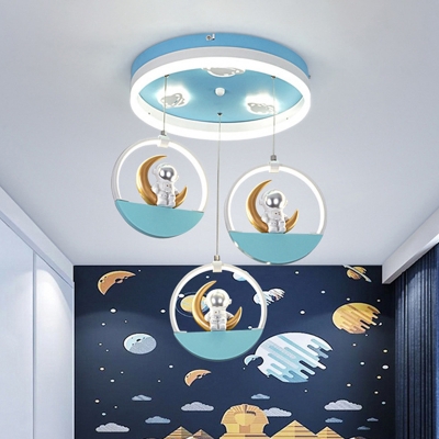 Circular Acrylic LED Flush Ceiling Light Kid 3 Heads Gold/Silver Flush Mounted Lamp with Draping Astronaut and Crescent