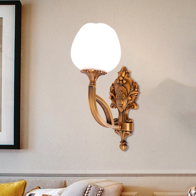 Country Bloom Wall Lighting Ideas 1/2-Bulb Milky Glass Wall Mount Light Fixture with Brass Carved Backplate