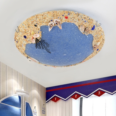 Dome Bubbled Glass Flush Mount Coastal Blue/Light Blue LED Ceiling Lighting with Sand and Conch Design