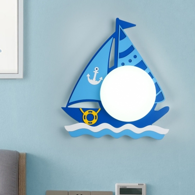 Dome Wall Mounted Lamp Cartoon Opal Glass LED Blue Surface Wall Sconce with Wood Sailboat Design in Warm/White Light