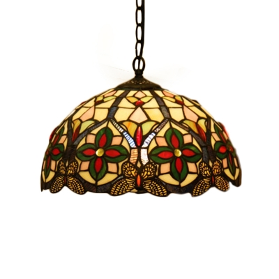 Domed Ceiling Pendant Tiffany Style Stained Glass 1 Light Green Hanging Light Fixture with Floral Pattern
