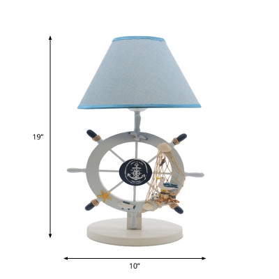 Fabric Barrel Table Light Mediterranean Single Bulb Blue Night Lamp with Wood Rudder Base
