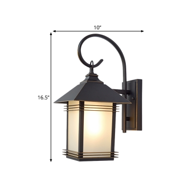 Frosted Glass Black Sconce Lamp Lantern 1 Bulb Farm Style Wall Lamp Fixture with Curvy Arm