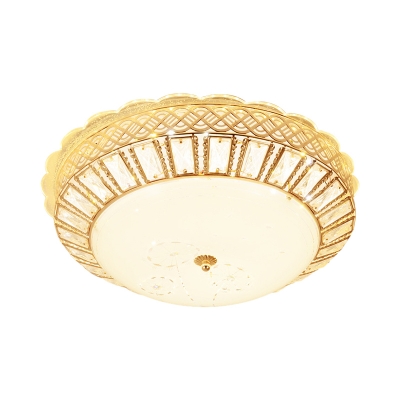 Gold LED Dome Ceiling Lamp Modernist Frosted Glass Flush Light Fixture with Circular Crystal Rectangle Deco