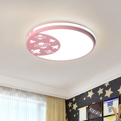 Kids Waxing Moon Acrylic Flush Light LED Close to Ceiling Lamp with UFO Pattern in Black/Pink/Blue