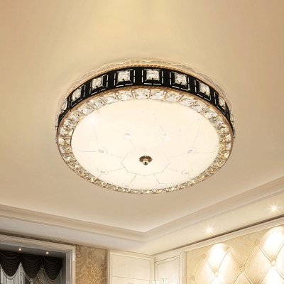 LED Bedroom Flushmount Lighting Contemporary Black/Gold Ceiling Mounted Light with Drum Crystal Block Shade