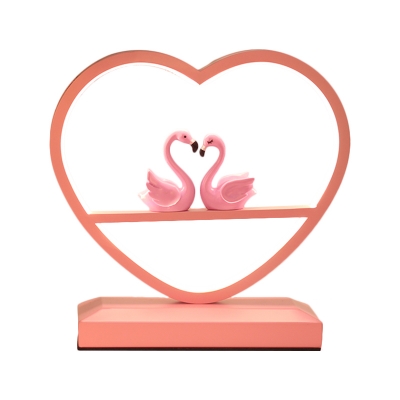 Loving Heart Aluminum Table Lamp Macaron LED Pink Nightstand Lighting with Double Flamingo Deco