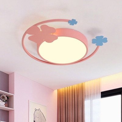 Macaron Rounded Thin Ceiling Lamp Acrylic Girl's Bedroom LED Flush Mount Light in Pink with Clover Decor, Warm/White Light
