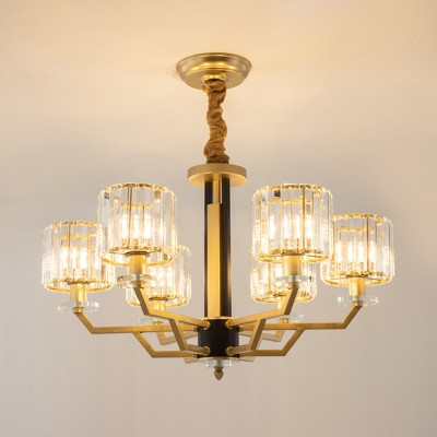 Minimal 3/6 Bulbs Hanging Ceiling Light Gold Drum Pendant Chandelier with Faceted Crystal Shade
