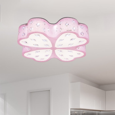 Minimal Heart Flush Mount Fixture Acrylic LED Bedroom Ceiling Lamp in Pink with Floral Design