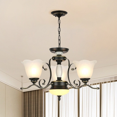 Opal Glass Flower Ceiling Chandelier Rustic 3/6-Light Living Room Hanging Pendant Light in Black with Curvy Arm