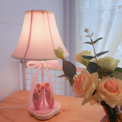 Pink Flared Nightstand Lamp Kids 1 Head Fabric Table Light with Bowknot and Ballet Shoes Decor