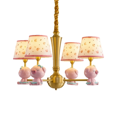 Pink Tapered Pendant Chandelier Macaron 4 Lights Fabric Hanging Ceiling Light with Pig Deco