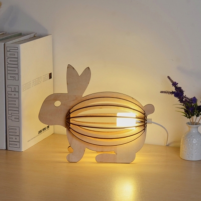 Carved Rabbit LED Desk Lamp Kids Wooden Light Brown USB Bedside Lamp Bedside Lamp