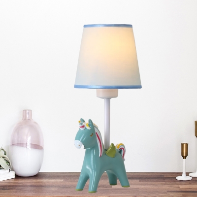 Resin Unicorn Night Table Lighting Kids 1 Bulb Nightstand Lamp in Pink/Blue with Cone Fabric Shade
