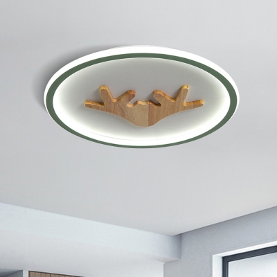 Round Acrylic Flush Mount Light Nordic LED Grey/White/Green Ceiling Fixture with Wood Antler Deco
