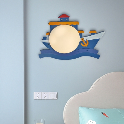 Sailboat Bedside Wall Light Sconce Wood LED Cartoon Wall Mount Lamp with Semicircle Opal Glass Shade in Pink/Blue