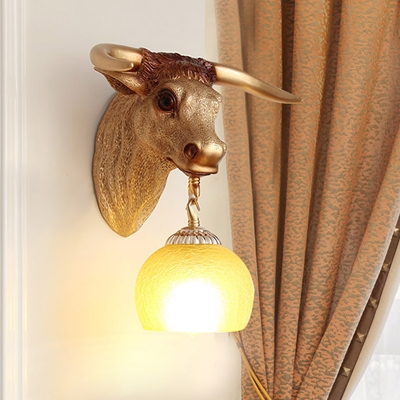 Spherical Frosted Glass Sconce Light Traditional 1 Light Corridor Wall Mounted Lamp in Gold with Resin Ox Head Backplate
