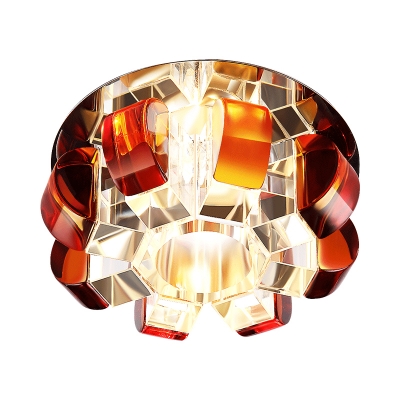 Tan Crystal Block Round Flushmount Simple LED Ceiling Mount Light Fixture in Silver for Doorway