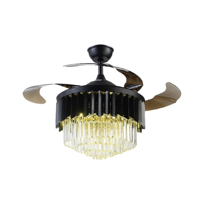 Tiered Hanging Fan Lighting Minimalist Beveled Crystal Living Room LED Semi Flush Mount in Black with 4 Blades, 19
