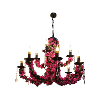Vintage Candlestick Pendant Lighting 10 Heads Metal Chandelier Light with Crystal Accents Deco in Pink/Purple and Red
