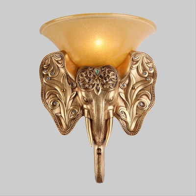 Yellow Glass Bowl Wall Sconce Lighting Rural 1-Light Living Room Wall Lighting Fixture with Elephant Deco in Gold