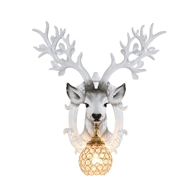 1-Bulb Elk Head Wall Mounted Light Traditional White Resin Wall Sconce with Crystal Embedded Globe Shade