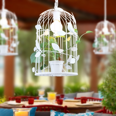 1 Bulb Hanging Ceiling Light Antique Cafe Pendant Lighting with Birdcage Metallic Shade in White