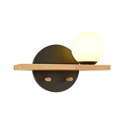 1 Head Black/Green Spherical Sconce Rural Style White Glass Wall Mounted Light with Rectangle Wood Design
