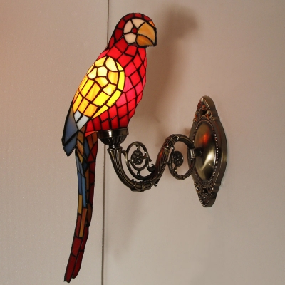 1 Light Living Room Wall Light Fixture Tiffany White/Red/Yellow Wall Sconce with Parrot Stained Glass Shade