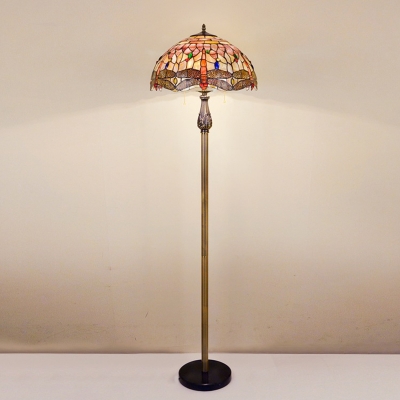 2-Bulb Living Room Reading Floor Lamp Baroque White Dragonfly Patterned Standing Lighting with Dome Shell Shade