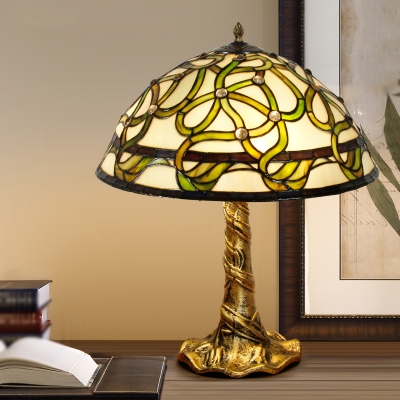 3 Bulbs Bedroom Table Lamp Mediterranean Bronze Ribbon Patterned Night Lighting with Dome Cut Glass Shade