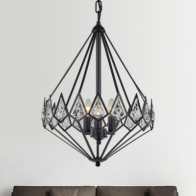 3-Light Living Room Chandelier Modern Black Metal Pendant Light with Diamond Cage Metal Shade