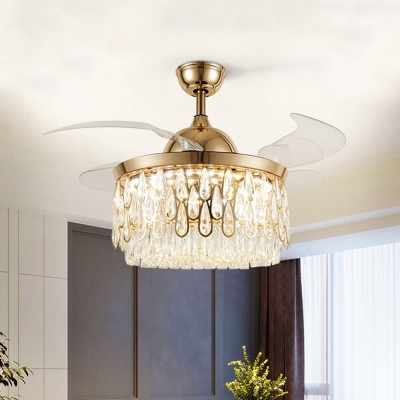4-Blade Modern Drum Semi Flush Light Beveled Crystal LED Parlor Ceiling Fan Lamp in Gold, 19