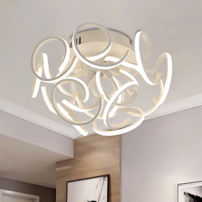 9/12-Bulb Curly Linear Ceiling Lighting Simple Metal LED White Semi Flush Lamp in Warm/White/Natural Light