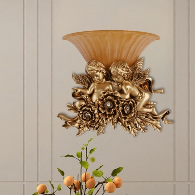 Angel and Flower Resin Wall Sconce Country 1 Head Living Room Wall Lighting Fixture in Beige/Gold with Bell Ribbed Glass Shade