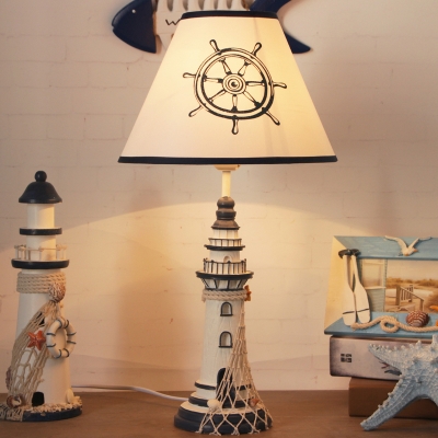 Barrel Bedroom Desk Lighting Fabric 1 Bulb Nautical Night Lamp with Lighthouse/Rudder Base in White