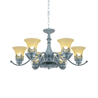 Bell Amber Glass Ceiling Hang Fixture Minimalism 6 Heads Blue Chandelier Lamp with Curved Arm