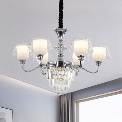 Bell Living Room Chandelier Frosted Glass 6/8 Bulbs Modernist Pendant Lamp in Chrome with Crystal Accent
