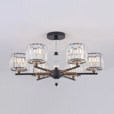 Black Cylinder Semi Flush Chandelier Simple 6 Heads Clear Crystal Ceiling Lighting for Dining Room