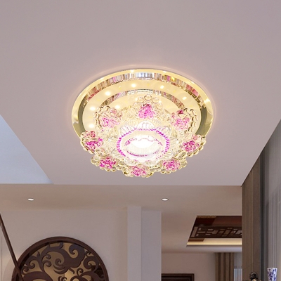 Blossom Ceiling Mounted Fixture Modernist Pink/Yellow Crystal LED Hallway Flush Lamp in Silver, Warm/White Light