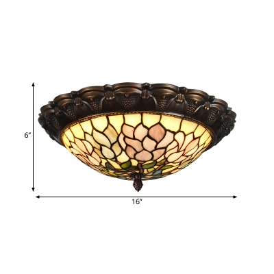 Bowl Flush Mount Fixture Tiffany Style Hand Cut Glass Brass Floral Patterned LED Close to Ceiling Light
