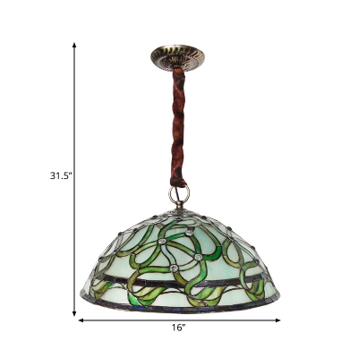 Bowl Shaped Pendant Chandelier Tiffany Hand Cut Glass 3 Lights Green Ribbon Patterned Hanging Lamp Kit
