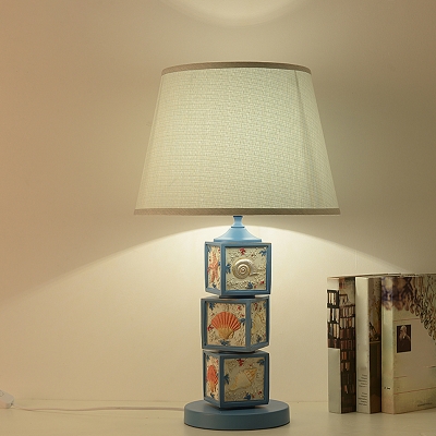 Cartoon Barrel Nightstand Lighting Fabric 1 Light Bedroom Desk Lamp with Stacked Cubic Base in Light/Sky Blue