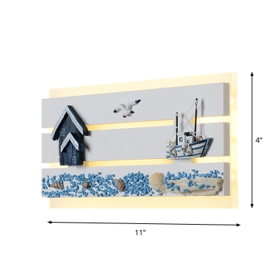 Cartoon Ship and House Wall Mount Lamp Wood LED Bedside Surface Wall Sconce with Oblong Acrylic Shade in Blue