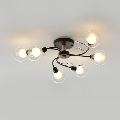 Clear Glass Globe Semi Flush Ceiling Light Modernism 6 Heads Black/Gold Lighting Fixture with Spiral Design